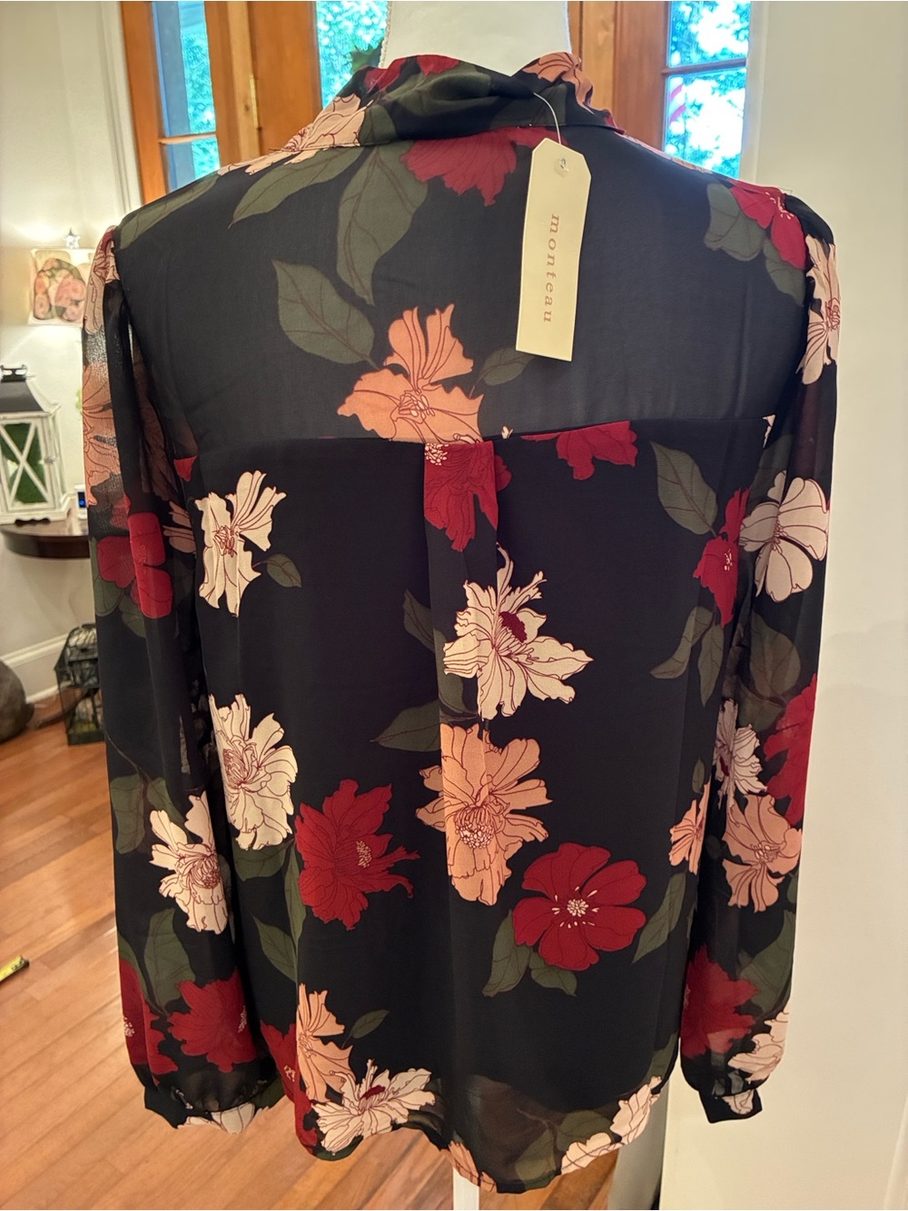 Monteau Black Floral Tie-Neck Button Down Sheer Blouse NWT XL - Picture 8 of 12